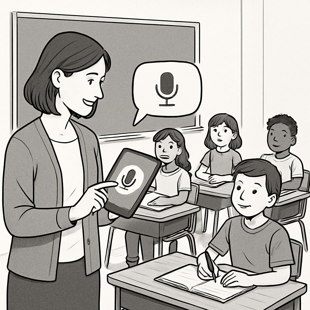 Classroom scene with voice recognition software assisting a teacher in delivering feedback, showcasing WillowVoice.