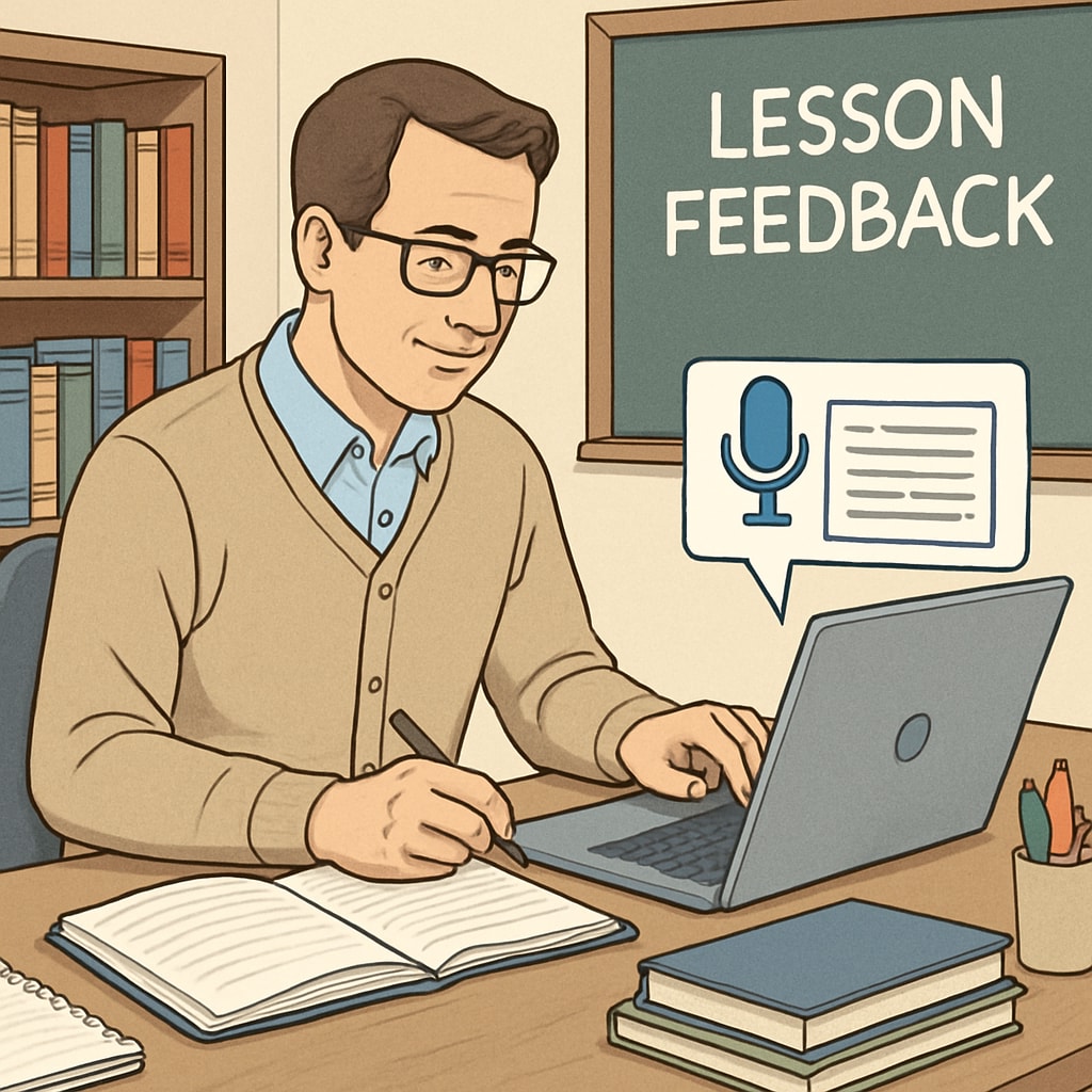 A teacher using a speech-to-text application on their laptop while preparing lesson feedback. The image depicts a classroom or home office setting, emphasizing the use of educational technology. Teacher using speech-to-text software to streamline lesson feedback.
