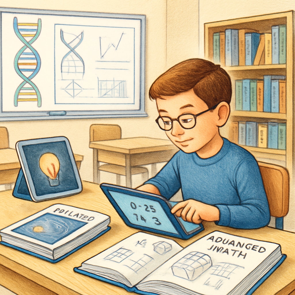 Gifted student using tailored learning resources in a classroom.