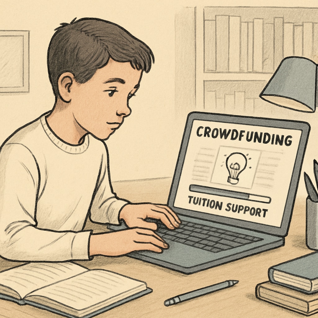 A young student using a laptop to set up a crowdfunding campaign for tuition support. Student crowdfunding for tuition and financial aid.