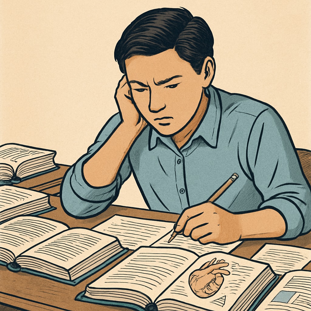 A determined student studying medical textbooks, symbolizing perseverance in overcoming learning difficulties. A student with learning difficulties studying medical textbooks, showcasing persistence.