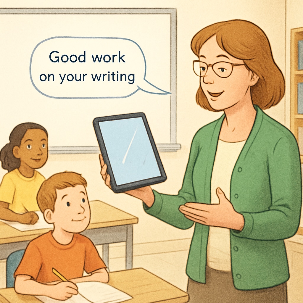 A classroom setting where a teacher uses a tablet to dictate feedback into a speech-to-text software. The image captures the real-world application of technology in education. Teacher dictating feedback into speech-to-text software in a classroom.