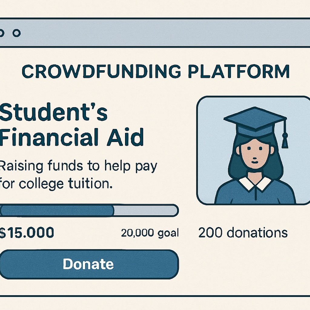 A crowdfunding platform showing a student’s campaign for financial aid with a progress tracker. Crowdfunding platform showing tuition fundraising progress.