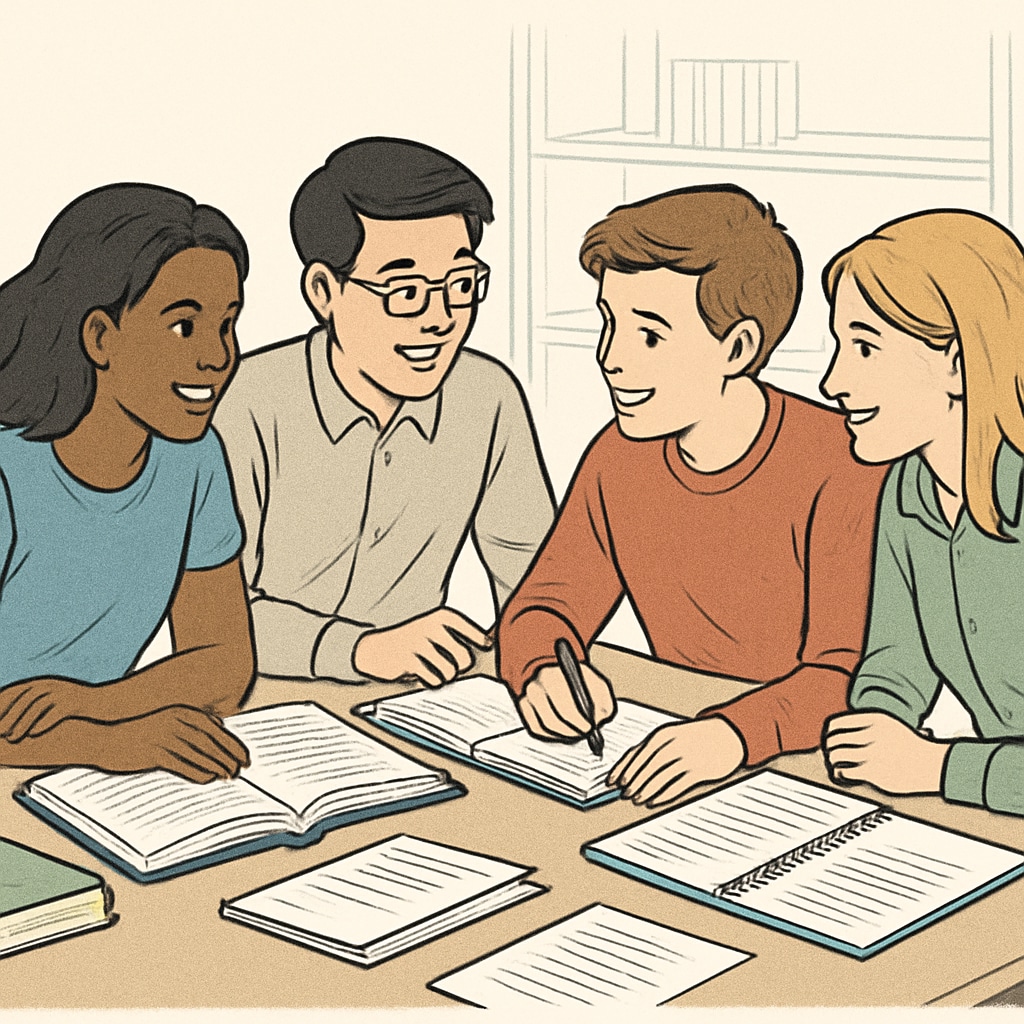 A student participating in a study group, showcasing collaboration and mutual support. A student with learning difficulties benefiting from a supportive study group.