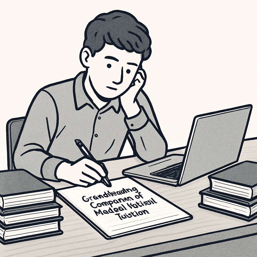 A young student sitting at a desk, surrounded by textbooks and a laptop, drafting their crowdfunding campaign for med school tuition. Student working on a crowdfunding campaign for med school tuition