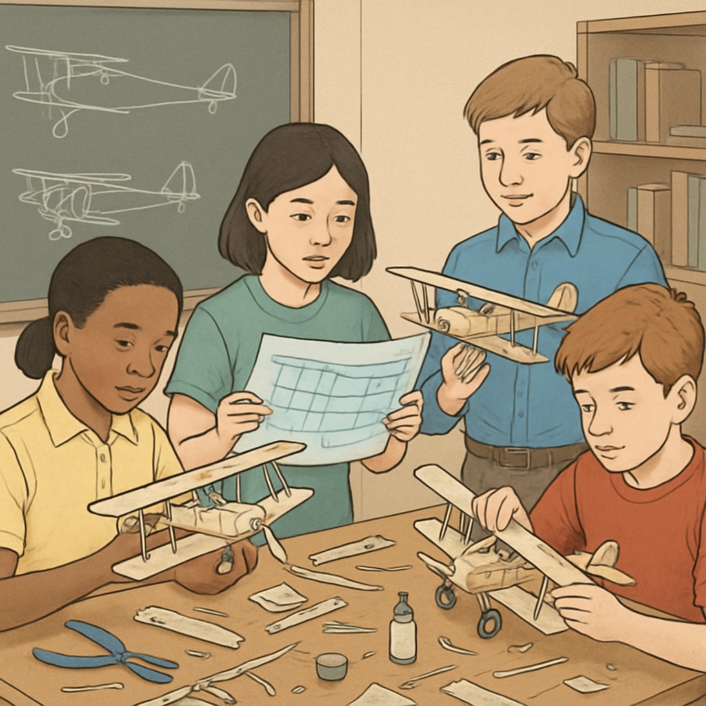 A group of K12 students participating in a model airplane workshop, showcasing early aviation interest and education. K12 students engaging in a model airplane workshop related to aviation education.