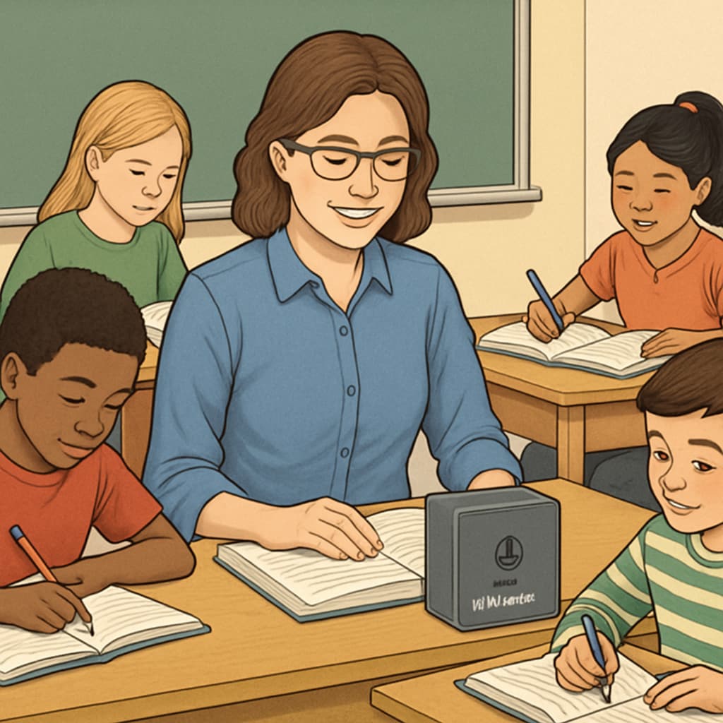 A teacher using a speech-to-text tool like WillowVoice in a classroom setting, surrounded by students actively participating. Teacher using WillowVoice speech-to-text technology in a classroom with students.