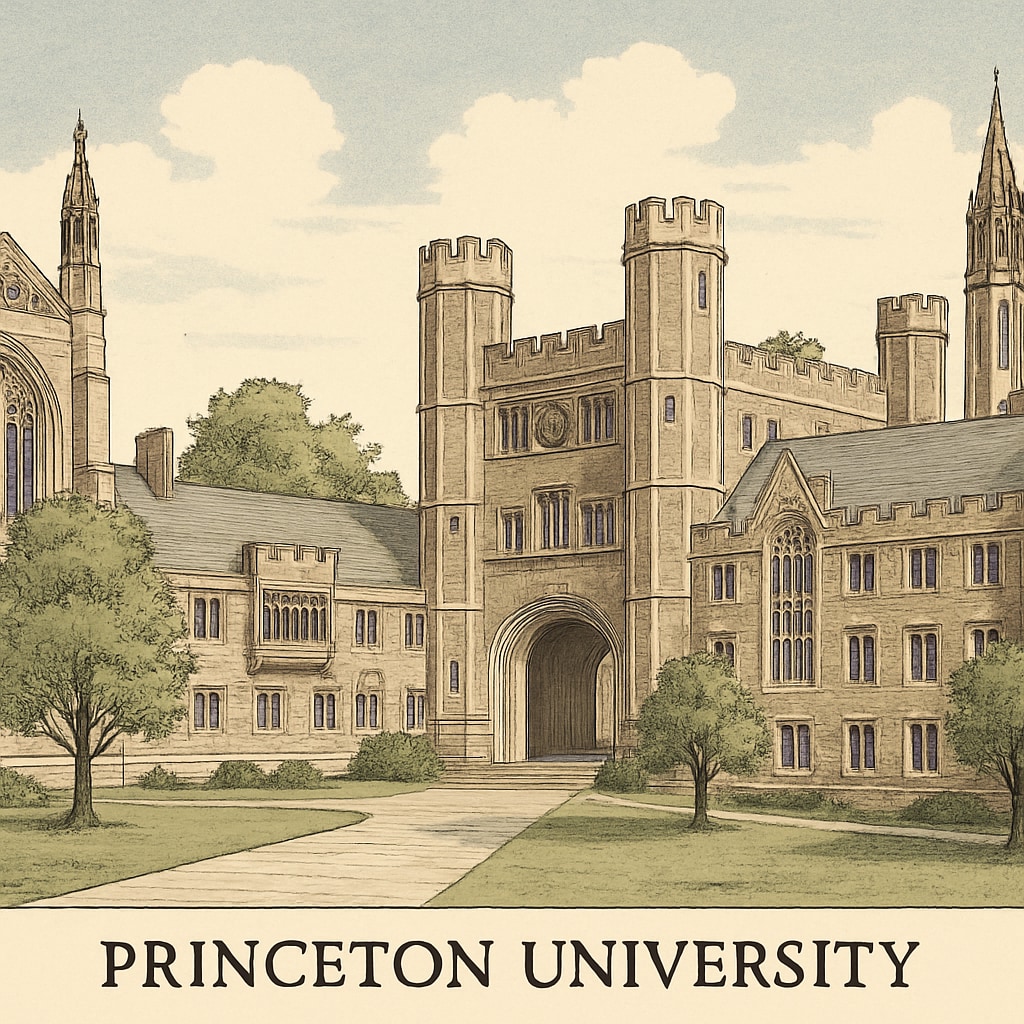 A historic view of Princeton University’s main campus, showcasing its gothic architecture and prestigious aura. Princeton University’s iconic campus, highlighting its Ivy League prestige.
