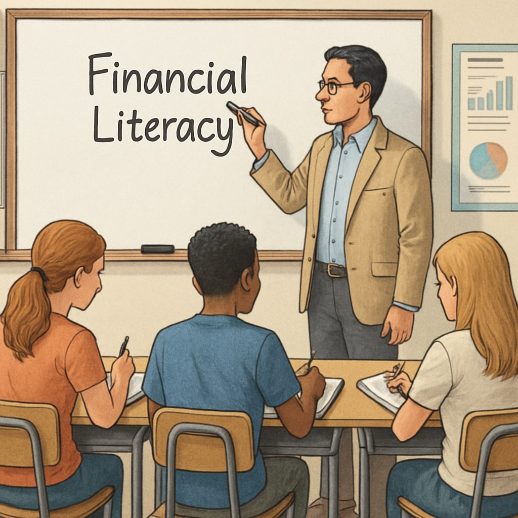 A classroom setting where a teacher is writing Teacher explaining financial literacy in a classroom setting