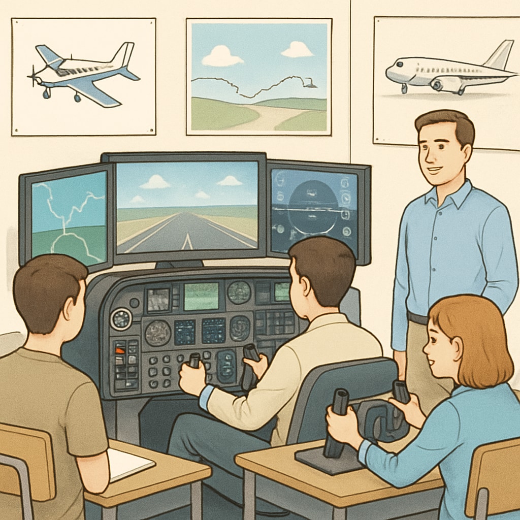 A flight simulator program at a high school, demonstrating hands-on aviation learning opportunities. High school students practicing aviation skills in a flight simulator program.