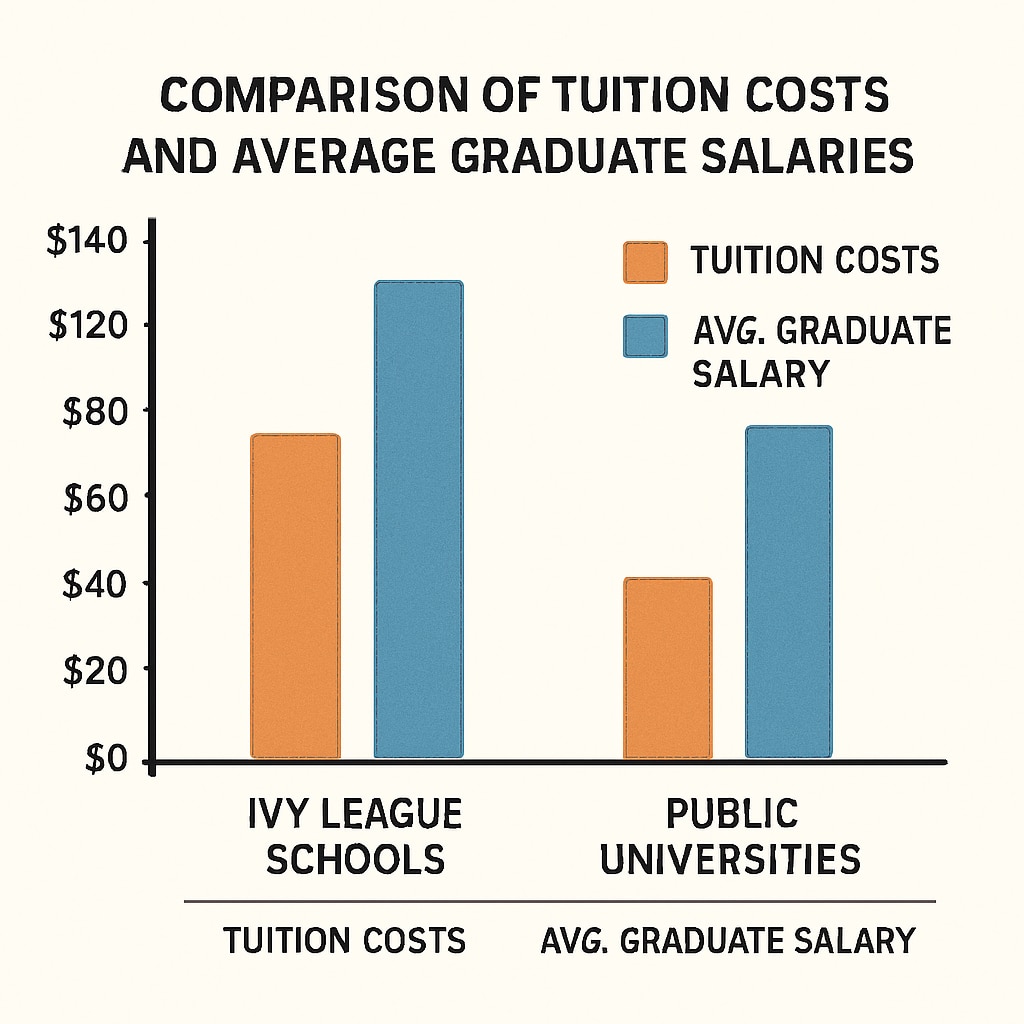 A comparison chart showing tuition costs and average graduate salaries for Ivy League schools versus public universities. A chart comparing Ivy League tuition costs and graduate salaries with public universities.