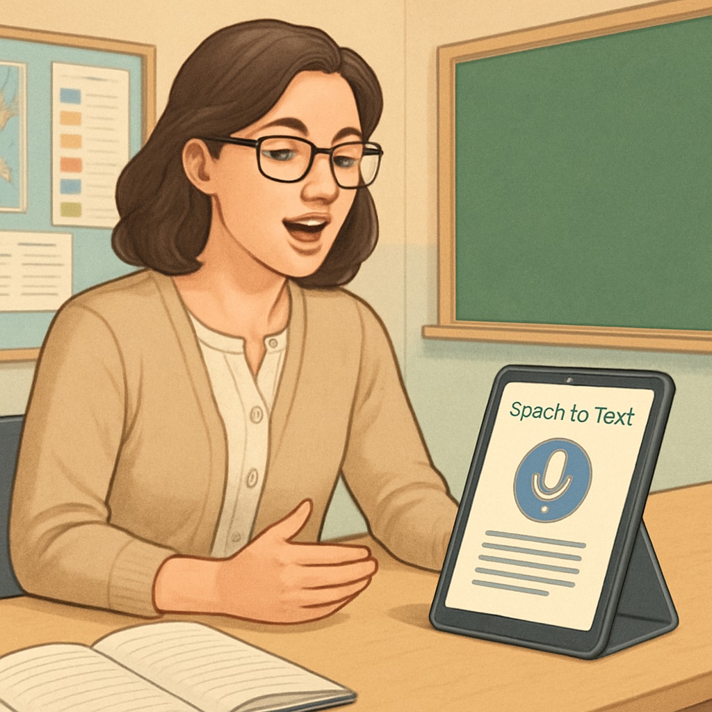 A teacher dictating a message to parents using a speech-to-text app like WillowVoice, highlighting its role in parent-teacher communication. Teacher recording a message for parents using WillowVoice speech-to-text app.