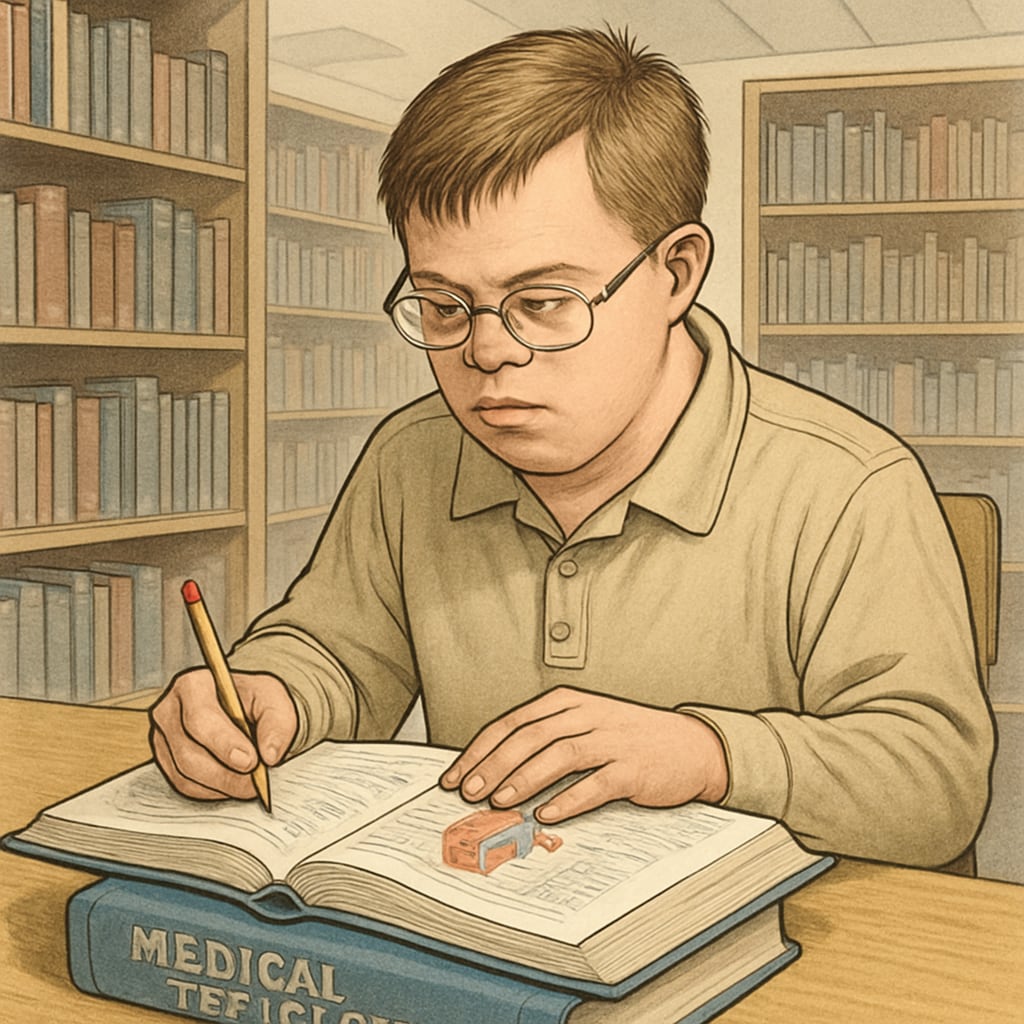 A determined special needs student studying medical textbooks in a library. The image conveys perseverance and academic focus. Special needs student studying medical textbooks, highlighting their medical dreams.