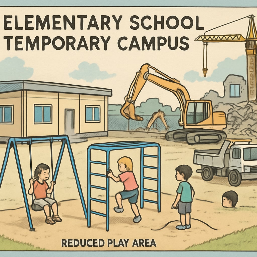 A temporary elementary school campus with reduced play areas and visible construction equipment, symbolizing the challenges of reconstruction. Temporary campus during reconstruction with limited play facilities affecting students' experience.