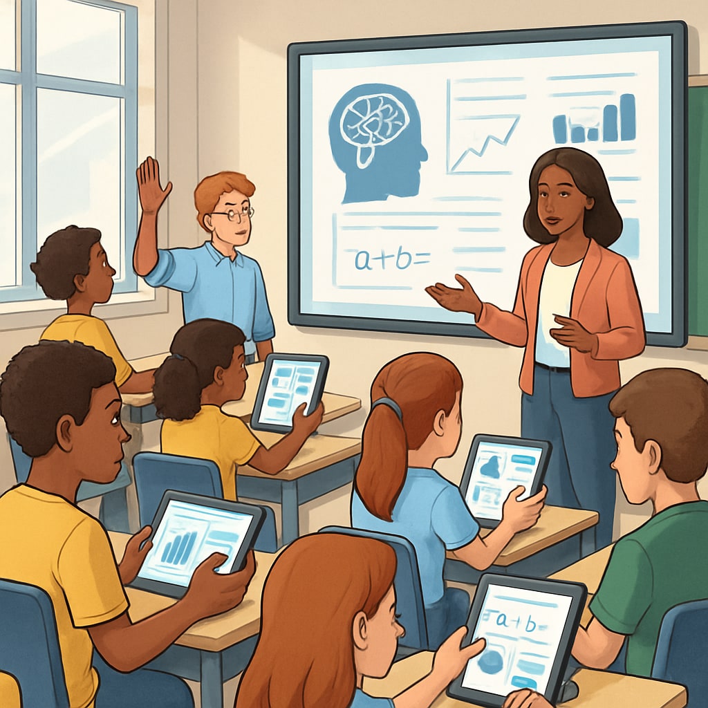 A classroom setting with students using AI-driven tools for personalized learning. The image highlights the integration of technology in modern education. Students in a classroom learning with AI tools, showcasing future education trends.