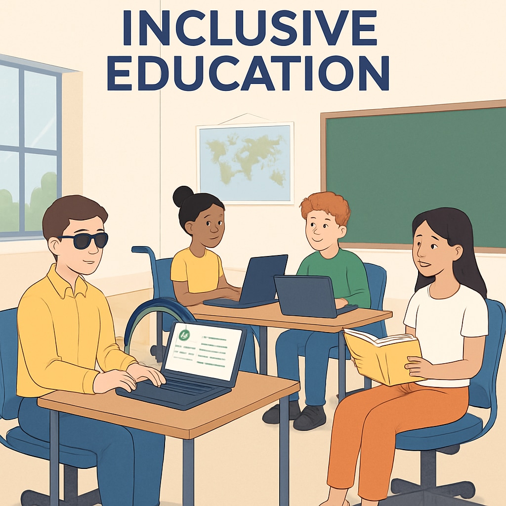 A classroom with assistive technologies like laptops with screen readers and ergonomic furniture, promoting inclusive education. Inclusive classroom with assistive tools for special needs students pursuing medical dreams.