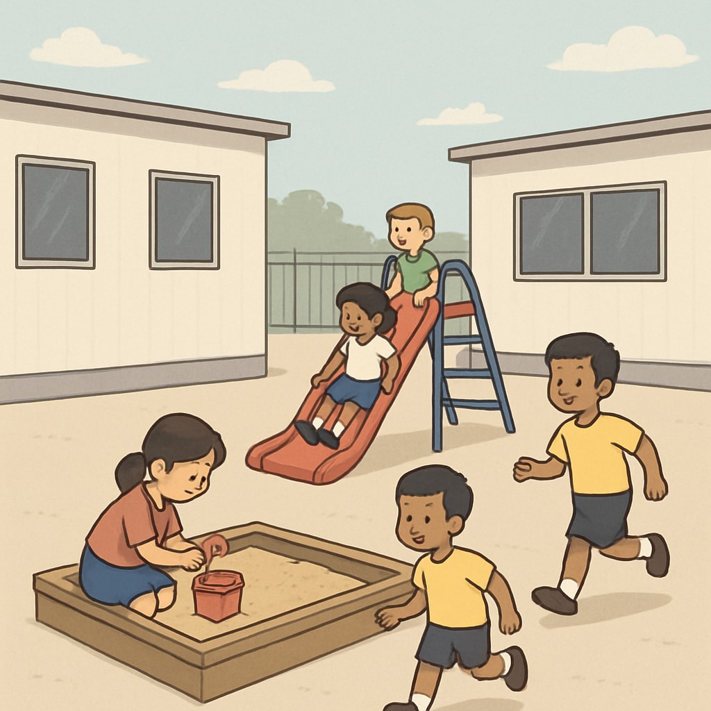 Children playing in a temporary campus setting with minimal play equipment, such as a small slide or sandbox, illustrating the impact of missing facilities. Children in a temporary school campus engaging with limited play equipment.