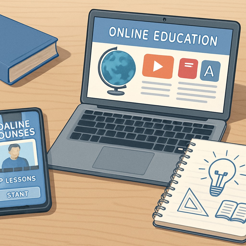 A smartphone, laptop, and notebook on a desk, showcasing online learning platforms and educational apps. Educational tools like a smartphone and laptop displayed for self-study.