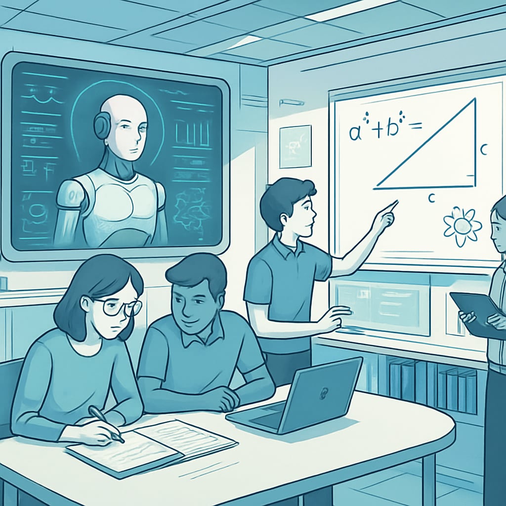 A futuristic learning lab where students engage in collaborative problem-solving activities guided by AI. The image emphasizes the shift towards project-based learning. Students working in a futuristic lab, collaborating on problem-solving with AI assistance.
