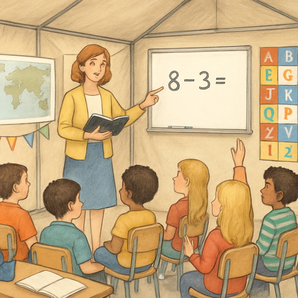 A group of elementary school students sitting in a temporary classroom, with a teacher guiding them through a lesson. The environment includes colorful decorations and age-appropriate learning materials. Elementary school students in a temporary classroom, with a teacher assisting them.