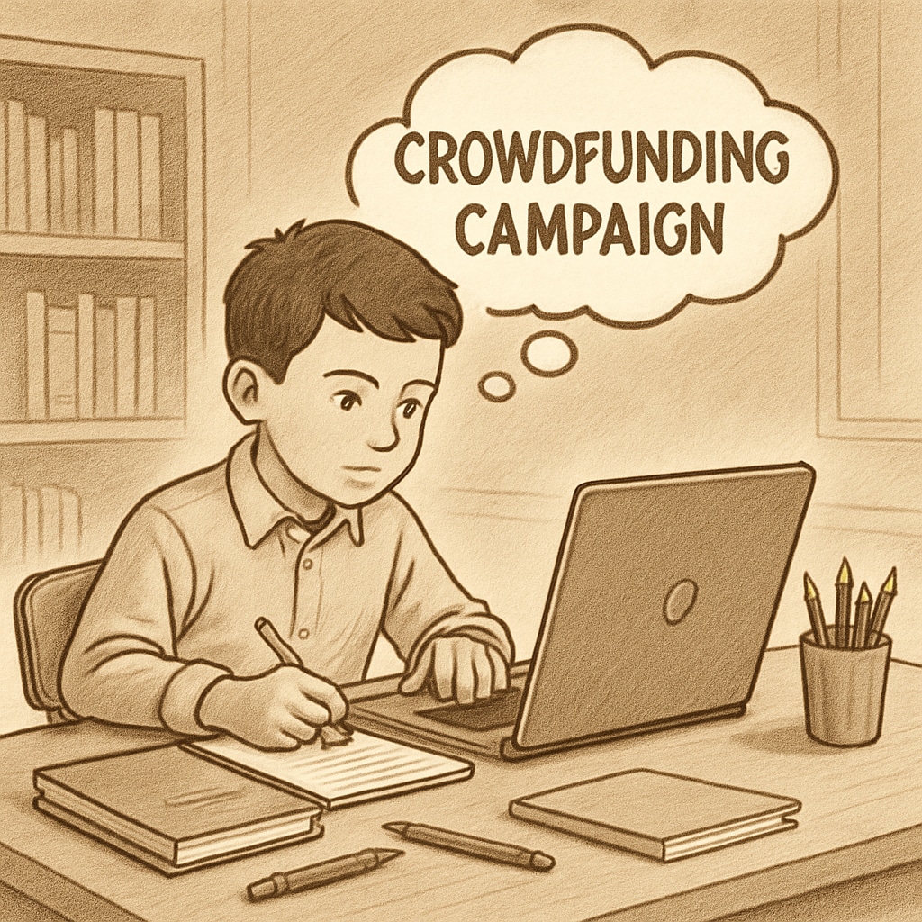A young student sitting at a desk, looking at a laptop screen while brainstorming ideas for a crowdfunding campaign. Crowdfunding campaign preparation by a student to cover tuition.