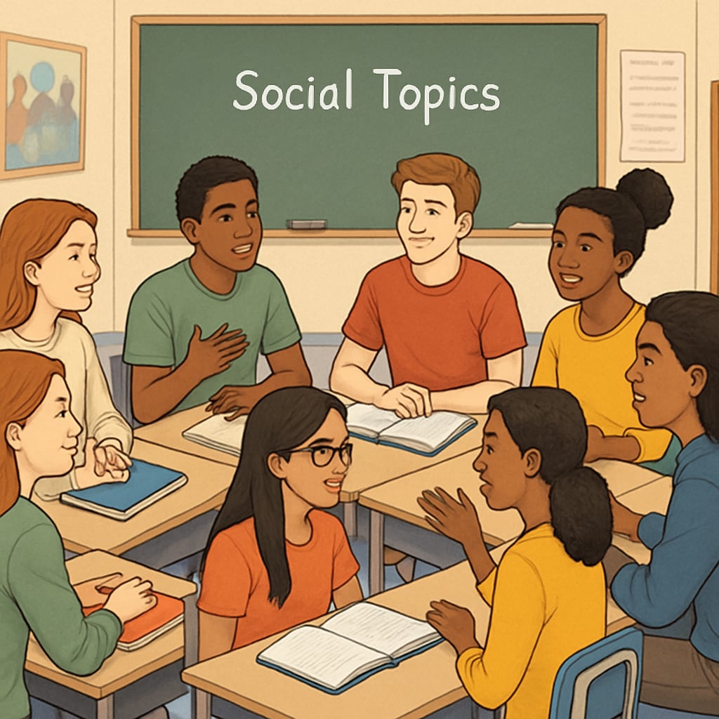 Diverse students in a classroom discussing social topics, representing diversity education.