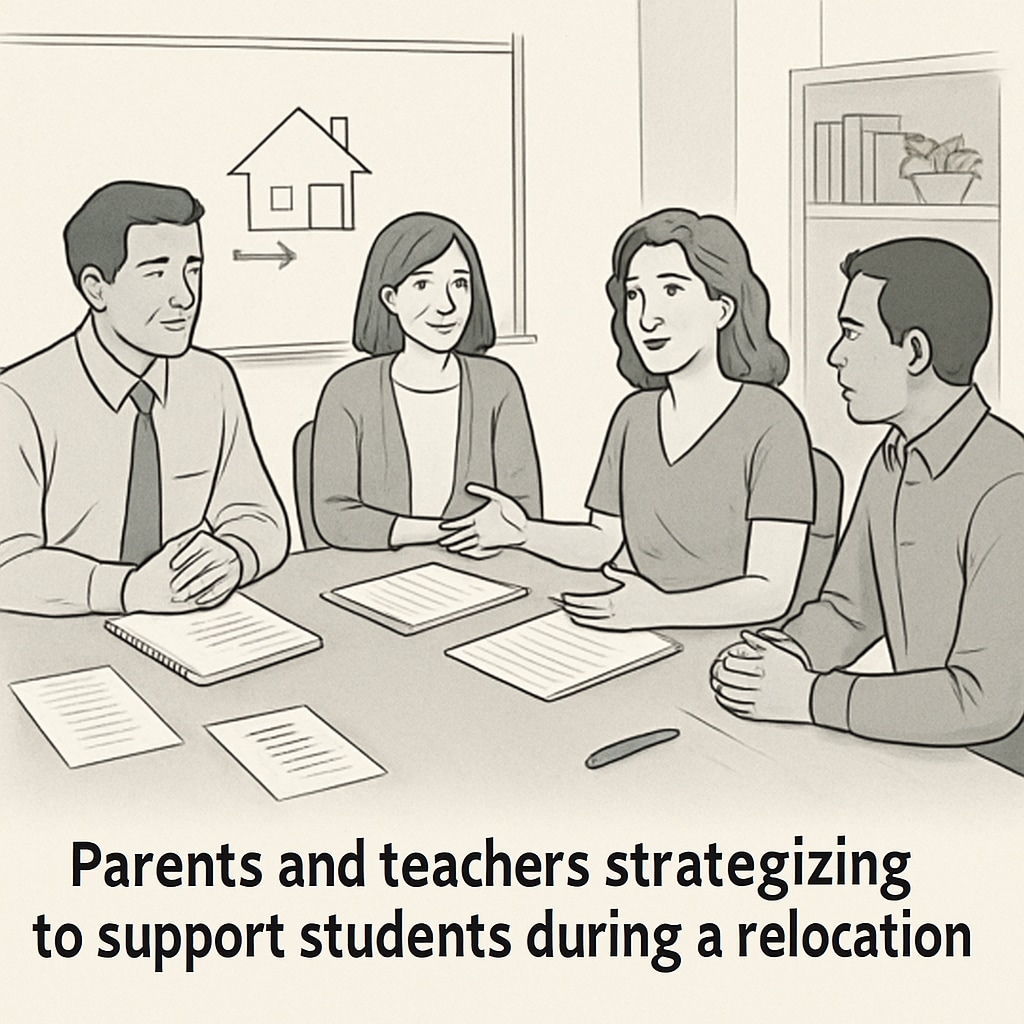 Parents and teachers collaborating during a school meeting to discuss strategies for supporting students during a relocation. The setting includes a large table, notebooks, and a welcoming atmosphere. Parents and teachers working together to support students during school relocations.