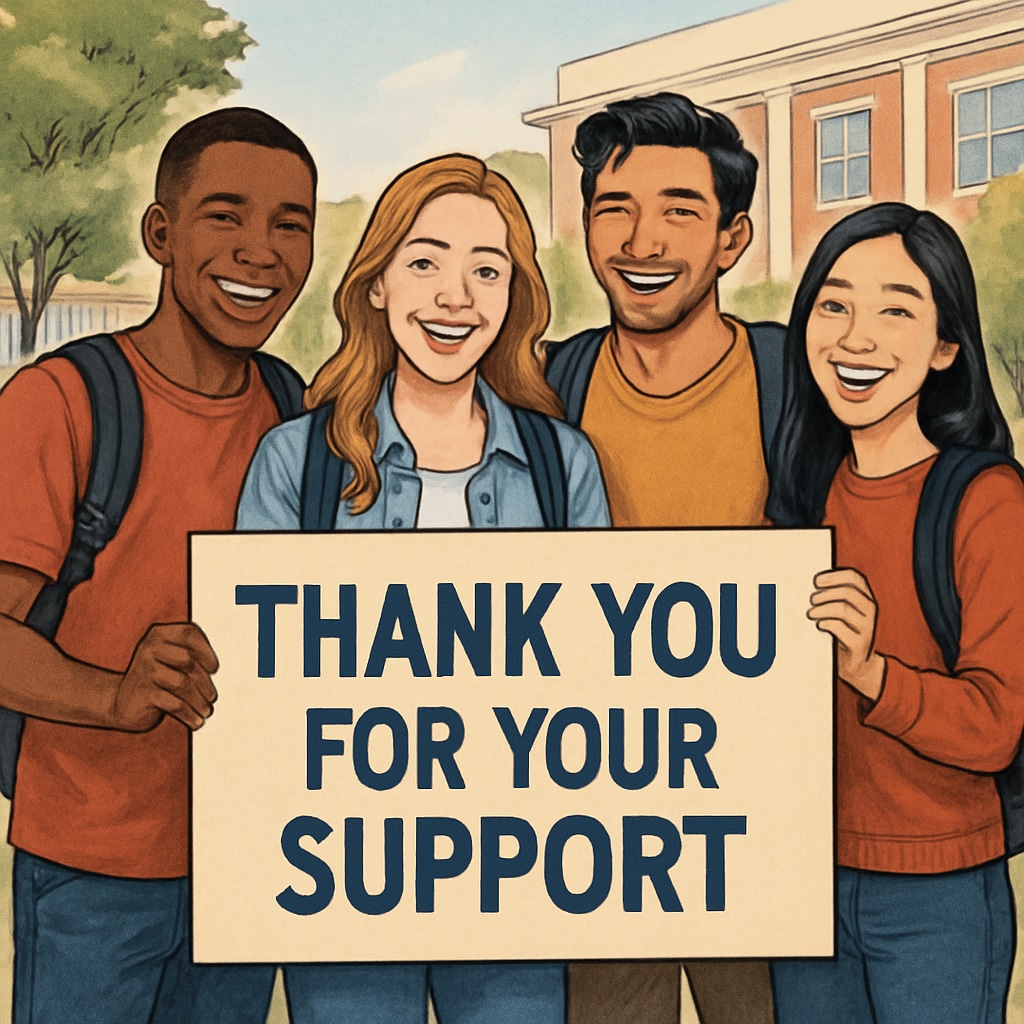 A group of college students holding a Students celebrating successful tuition crowdfunding efforts.