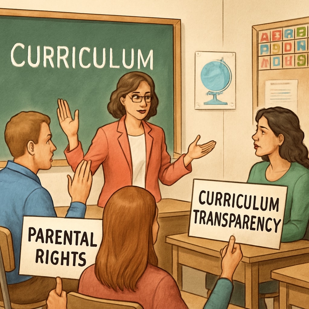 Teacher discussing curriculum transparency with parents at a school meeting.