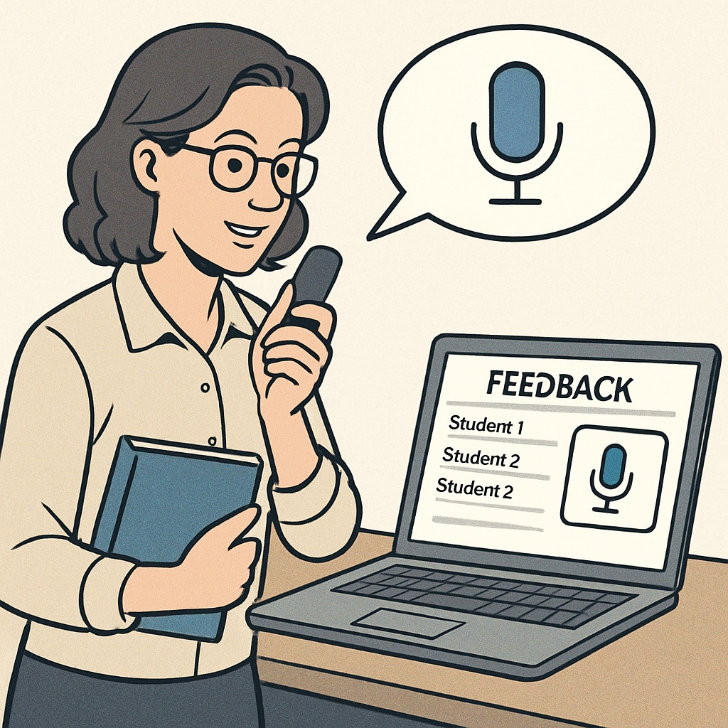 Teacher using voice-to-text tool for classroom feedback.