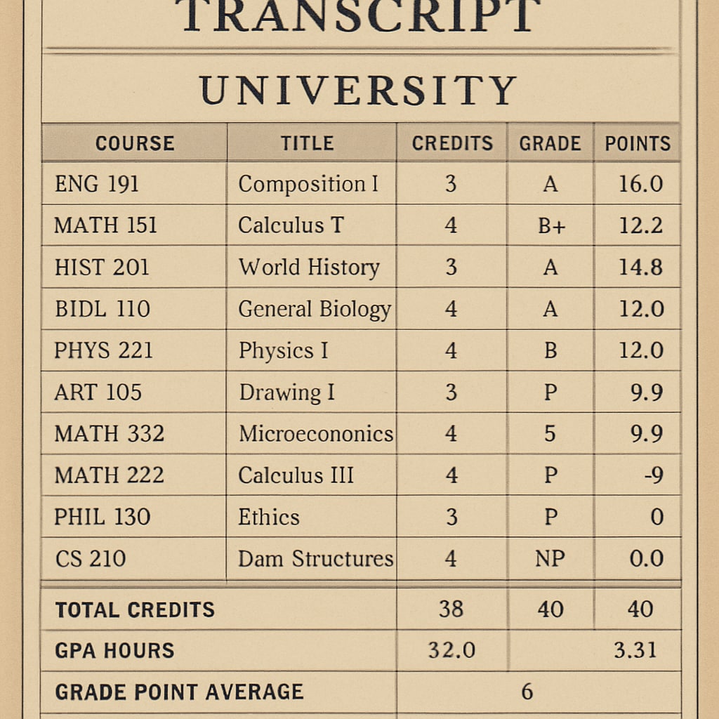 A university transcript showing both GPA and P/NP grades, illustrating grading variety. University transcript with GPA and P/NP grades, linked to career prospects.