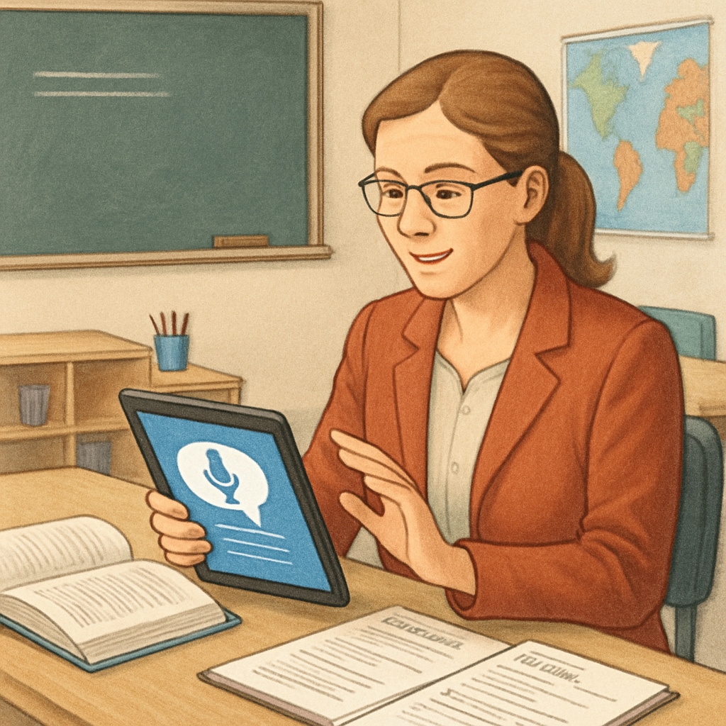 A teacher using a speech-to-text tool on a tablet while preparing lesson plans. Teacher employing WillowVoice for lesson planning, enhancing education efficiency.
