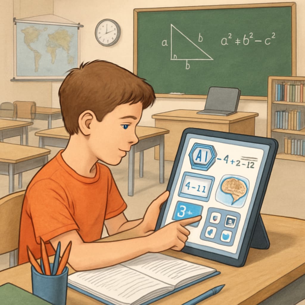 A student using an AI-powered tablet in a classroom, showcasing interactive and personalized learning. A student using AI-driven tools for personalized learning in school.