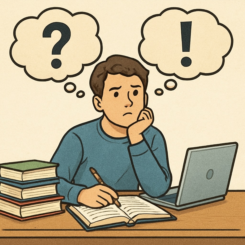 A student deciding between grading options, with books and a laptop symbolizing academic choices. Student choosing between grading systems, representing academic decisions.