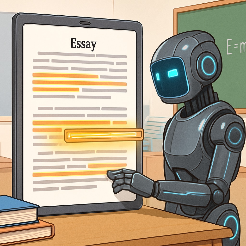 An AI system analyzing student essays to provide real-time feedback for improvement. AI-powered system evaluating student essays to offer real-time feedback.