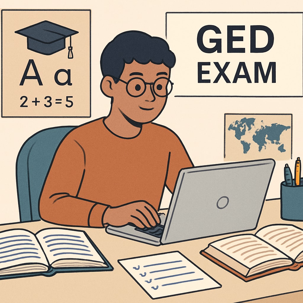 GED online education student studying for exam.