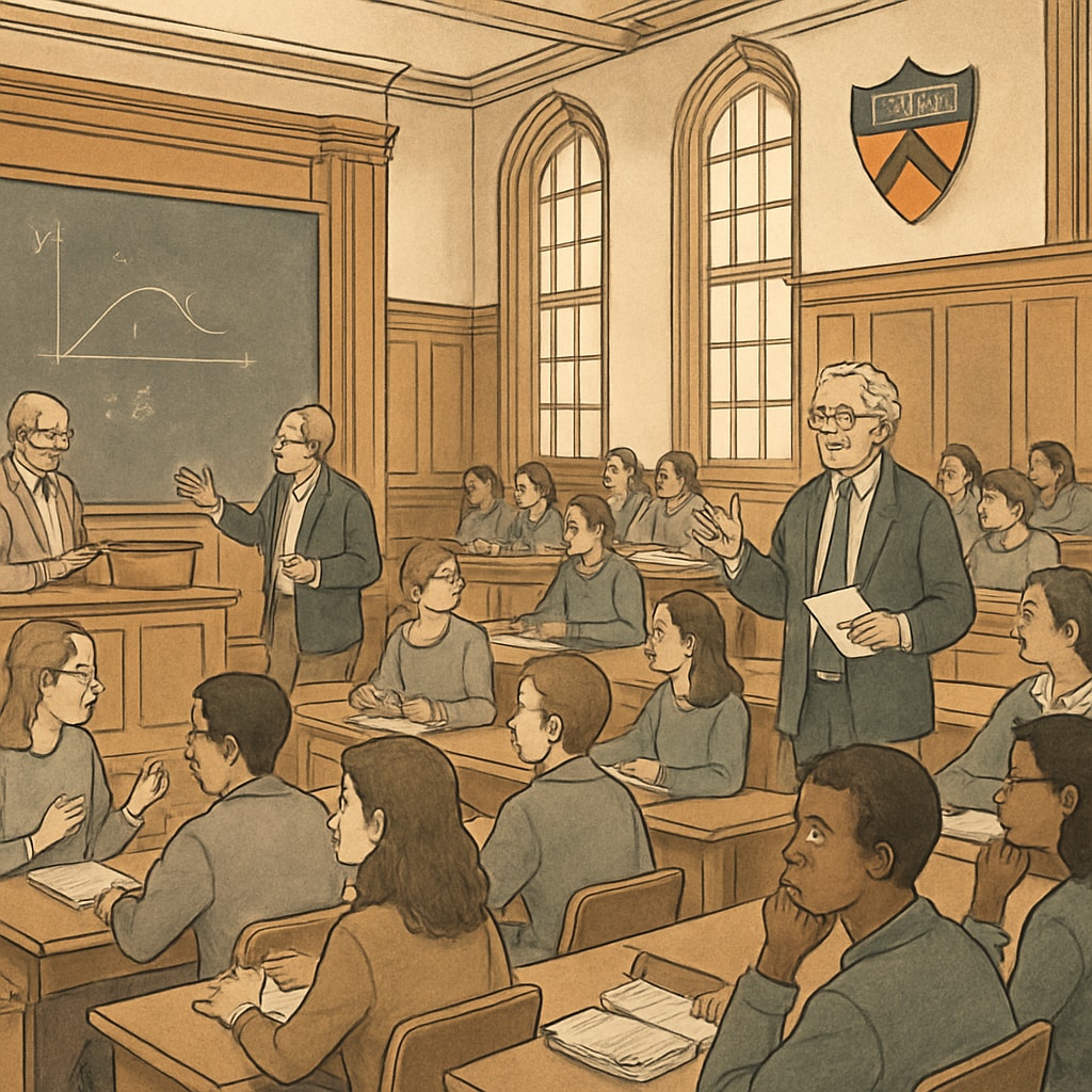 A lecture hall at Princeton University, filled with students and professors engaging in academic discussions. Princeton University lecture hall showcasing its academic environment.