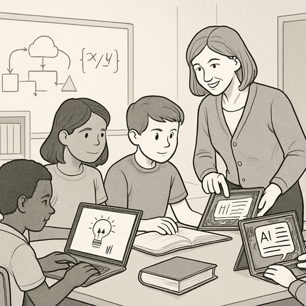 A classroom setting where students are using AI tools to collaborate on problem-solving tasks. Students using AI tools to solve problems, reflecting AI’s role in education reform.