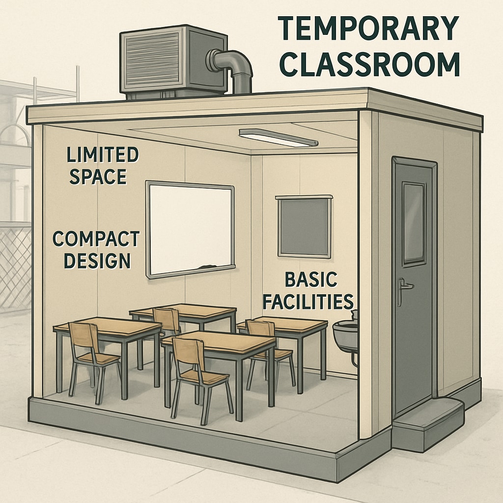 A temporary modular classroom setup showing limited space and basic facilities, emphasizing the challenges of school renovation. Temporary modular classroom setup during school renovation