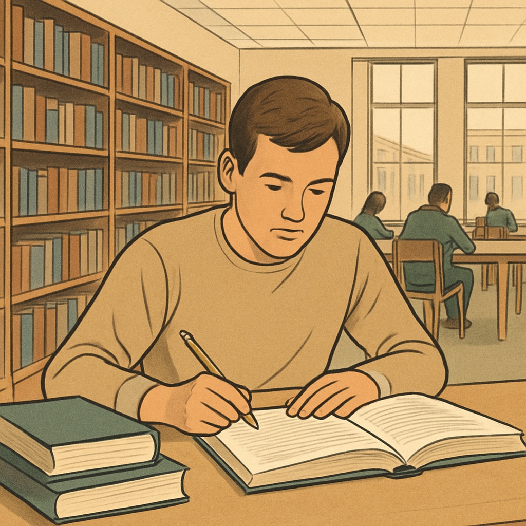 A student studying at a non-Ivy League university library, representing alternative educational environments. Student studying at a non-Ivy League university library, highlighting comparable academic opportunities.