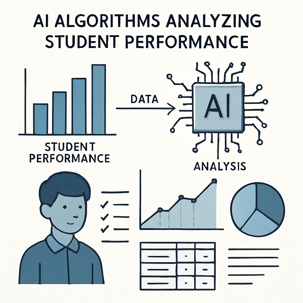 A visual representation of AI algorithms analyzing student performance data in education. AI algorithms evaluating student data, showing the integration of technology in education.