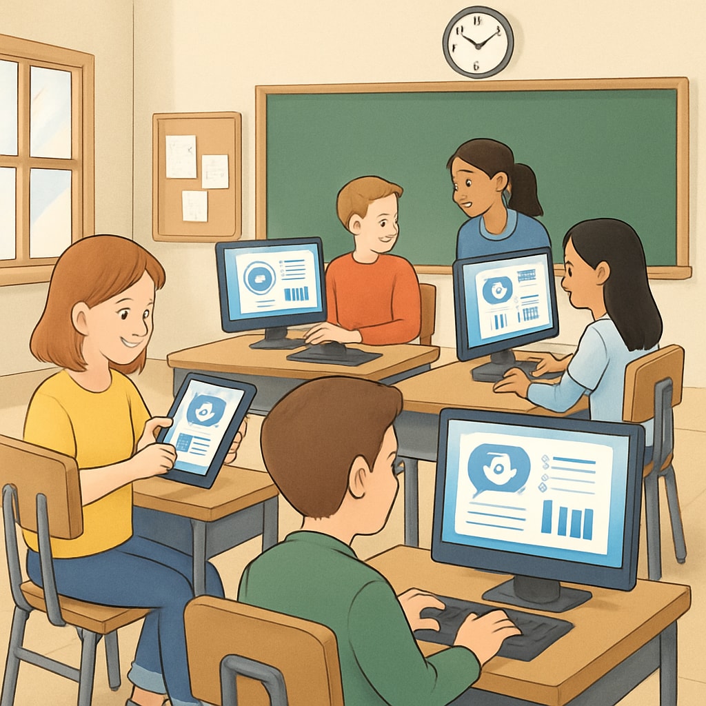 A digital illustration of students using AI-powered learning platforms in a classroom. Students engaged with AI-powered tools in a modern classroom setting.