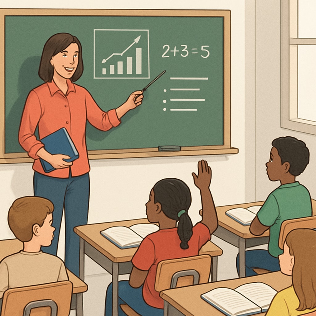A classroom with a teacher guiding students in a structured learning environment. Students and a teacher in a structured learning classroom environment.