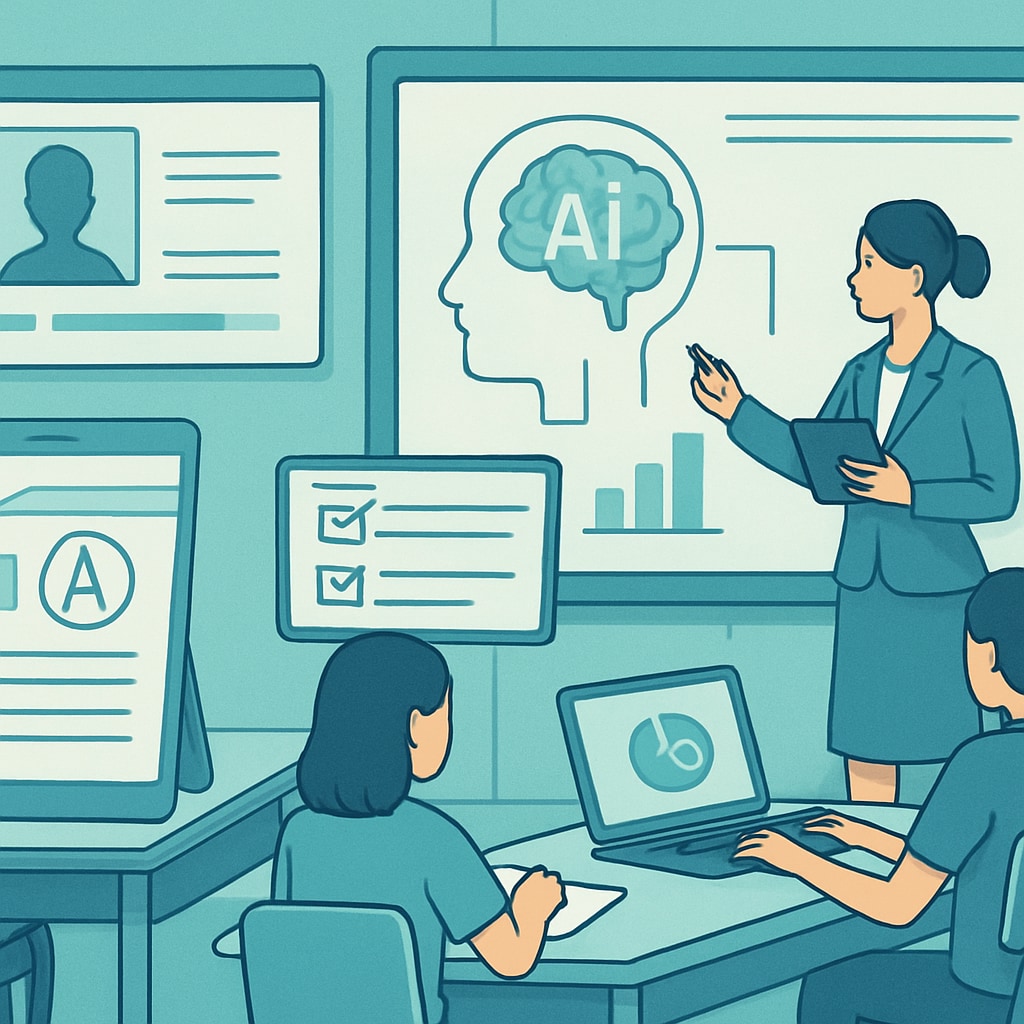 A futuristic classroom setting with AI-powered assessment tools being used. AI-driven assessments in a classroom of the future.