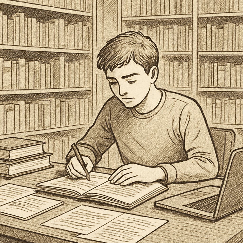 A student working independently on a project in a library, representing self-directed learning. A student engaged in self-directed learning in a library setting.