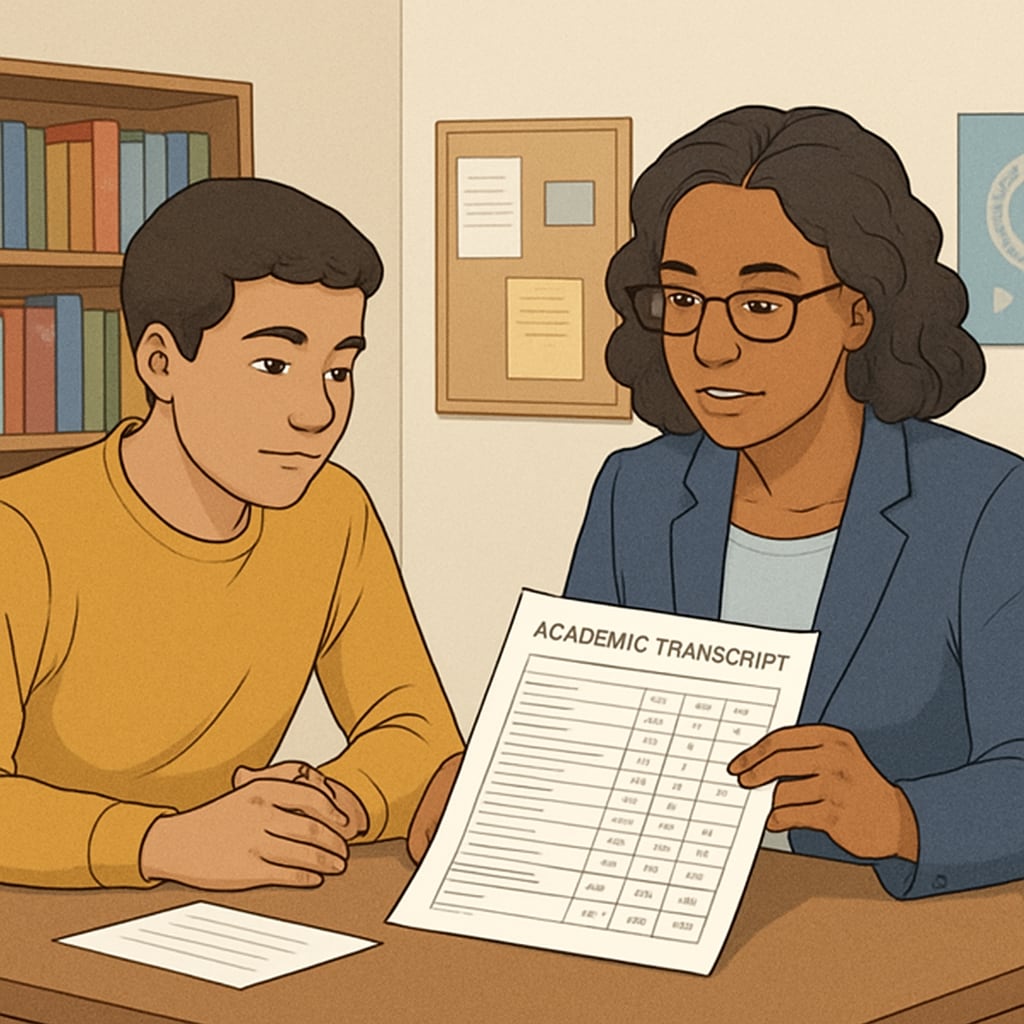 A high school student reviewing their academic transcript with a counselor, emphasizing the importance of holistic admissions. High school student reviewing academic transcript for Harvard University admissions.