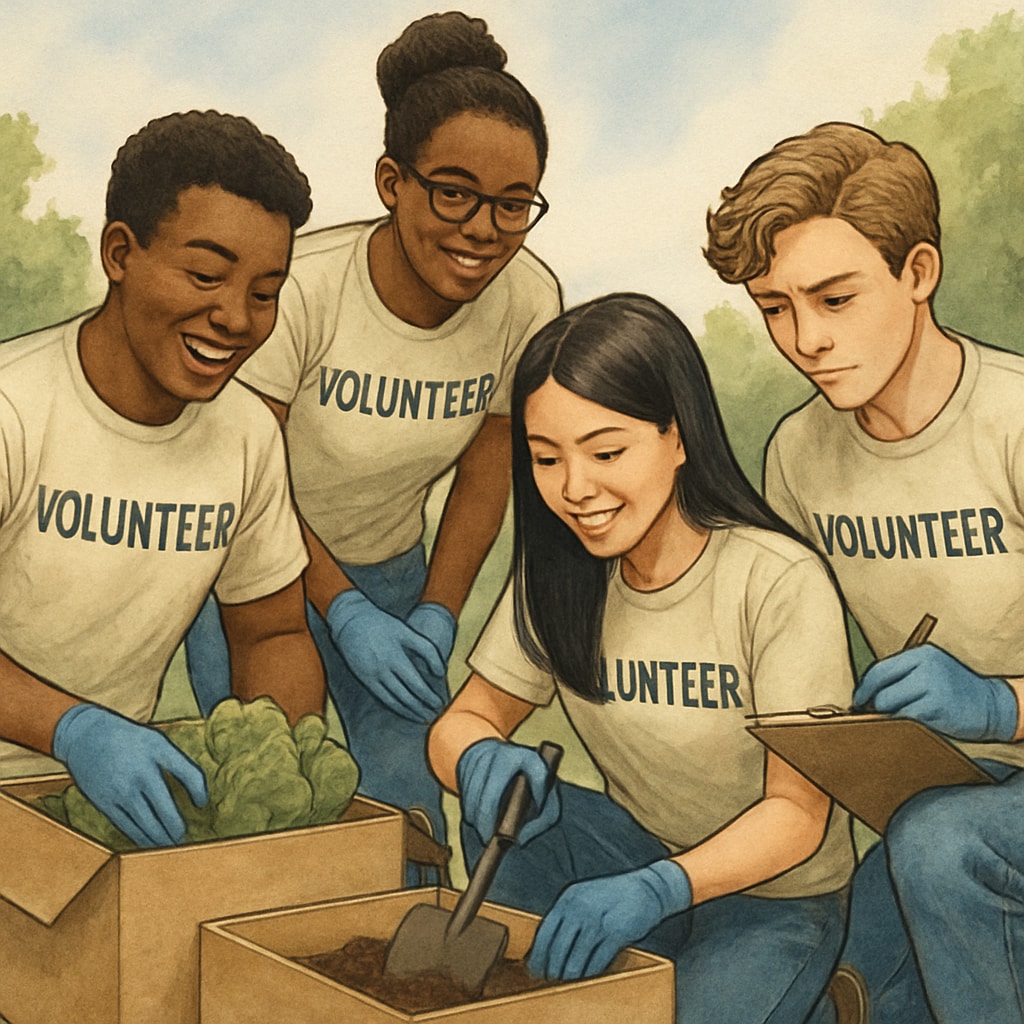 A diverse group of students engaging in a community service project, emphasizing Harvard's focus on well-rounded applicants. Students participating in community service, showcasing holistic qualities for Harvard admissions.