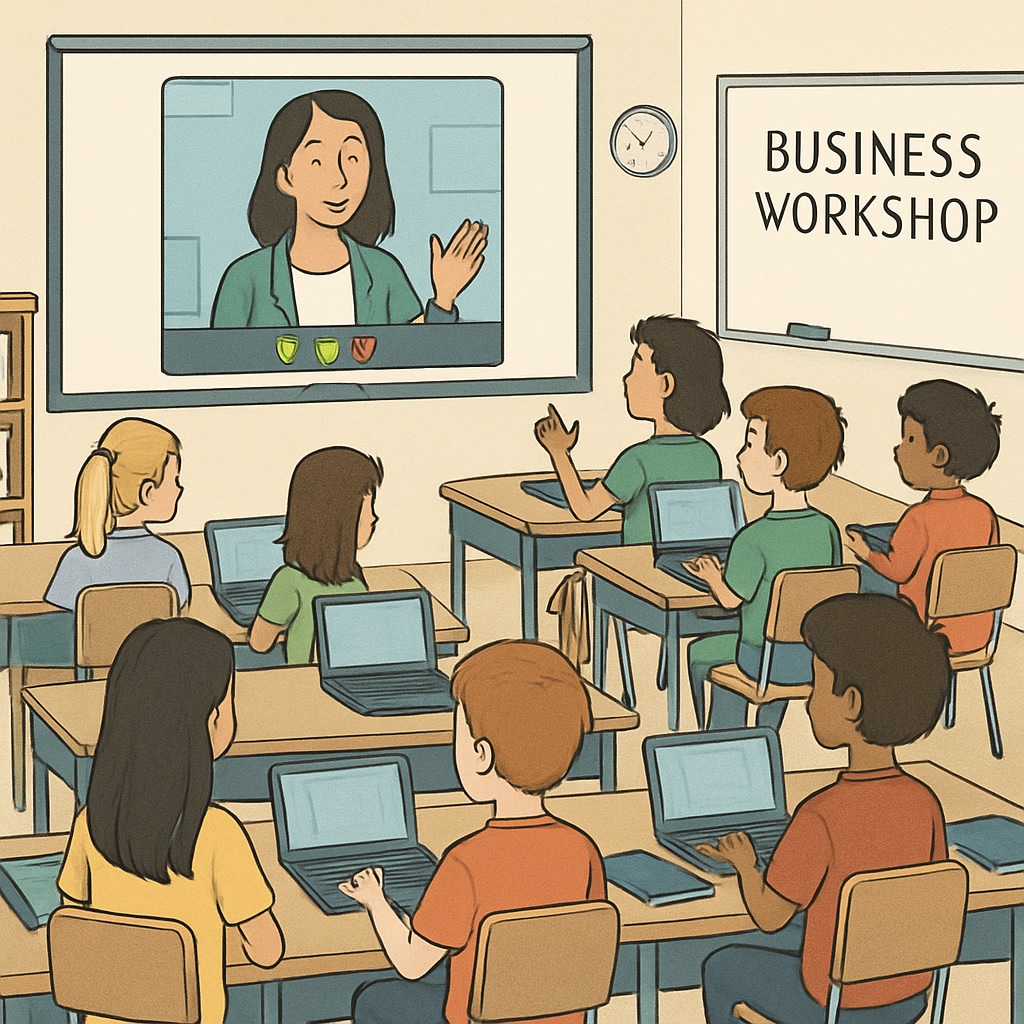 A classroom of children aged 8-14 engaging in a virtual business workshop, with their laptops open and a teacher guiding them via video call. Children aged 8-14 participating in a virtual business education workshop.