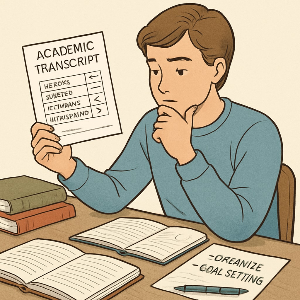 A student reviewing their academic transcript and planning how to address a low grade. A student analyzing their report card for college admissions.