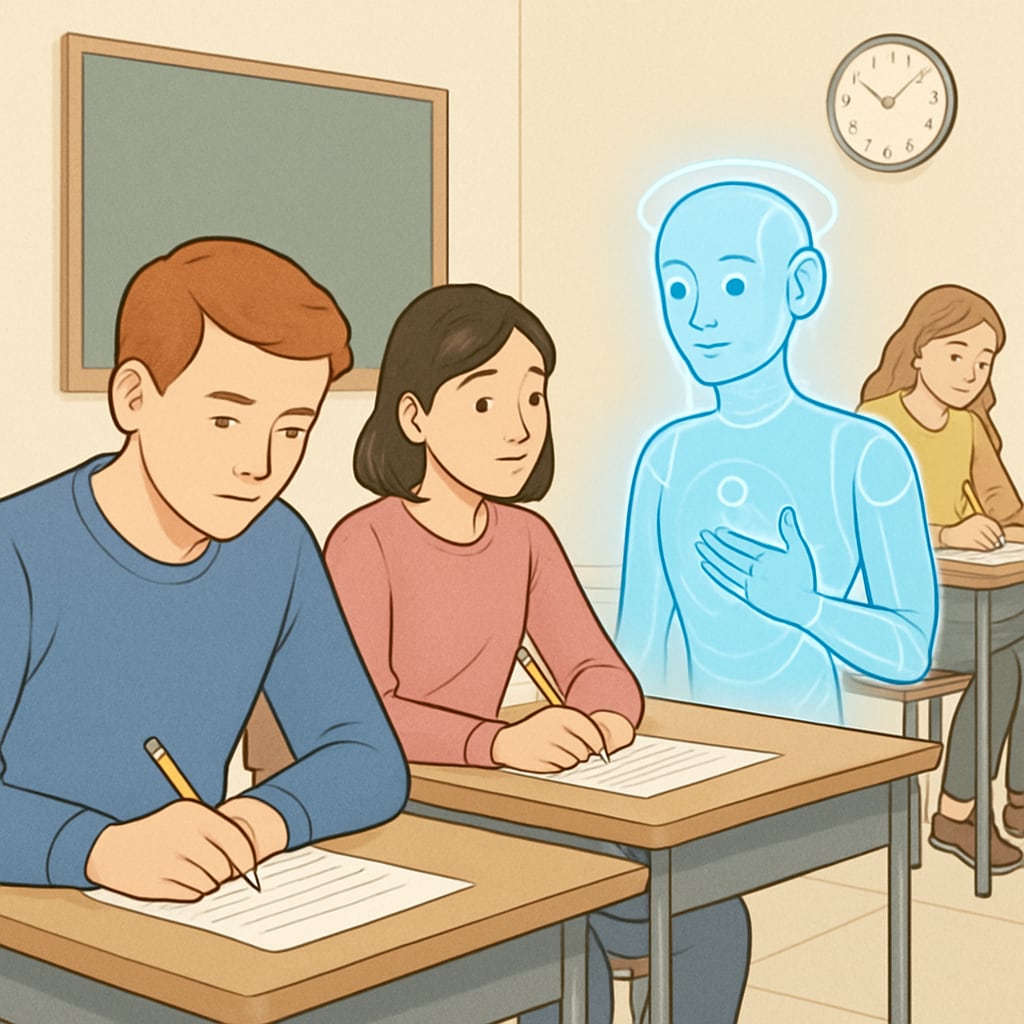 A conceptual image of students taking an exam, with an AI hologram assisting a learner. This represents the integration of AI in education. AI assisting students during competitive exams in a futuristic classroom.